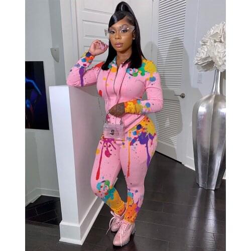Womens 2 Pcs Sweatshirt Sets Splash Ink Printing Long Sleeve Pullover Hoodies + Long Pant Casual Outfits 2020 New Fashion