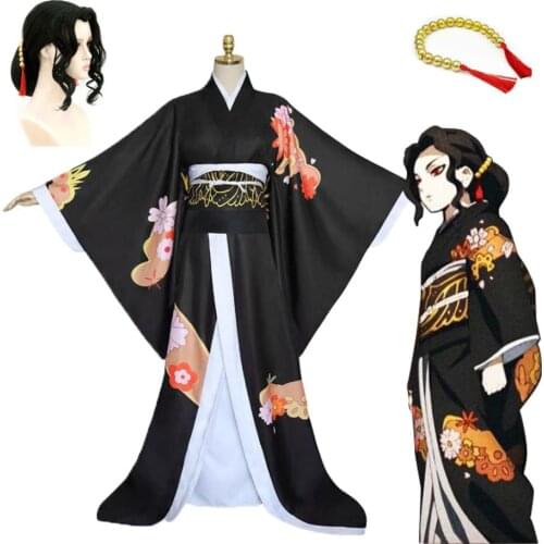Anime Demon Slayer Kimetsu No Yaiba Cosplay Costumes Kibutsuji Muzan Women Kimono Uniforms Dresses Wig Full Set Halloween