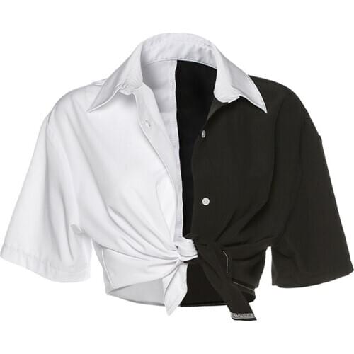 Women Patchwork Button Casual Crop Top Womens black and white contrast navel top