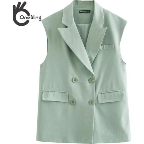 OneBling 2021 Women Simply Double Breasted Vest Jacket Office Ladies Wear Casual Suit Waistcoat Pockets Outwear Tops
