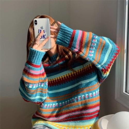 Vintage Knitted Sweater Women Spring Autumn Sweet Retro Multi-Color Stripe Pullover O-Neck Slim Hollow Korean Crocheted Tops