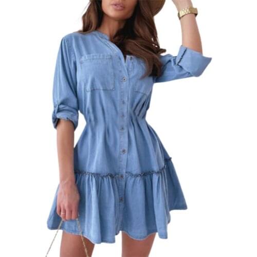 New Autumn Women Denim Dress V-Neck Flounce Stitching Light Blue Big Pocket Spring Loose Casual Dresses Party