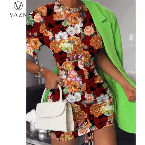 VAZN 2021 New Fashion Hot Sale Women Street Casual Style Short Dresses Short Sleeve Round Neck Printed Mini Short Dresses