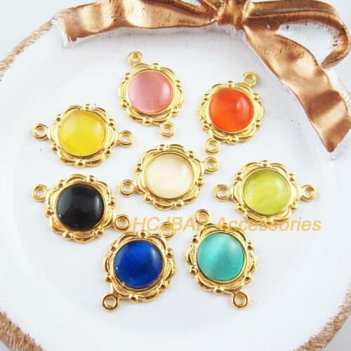 16 New Flower Charms Gold Color Cat eye Stone Mixed Connectors 15x23mm