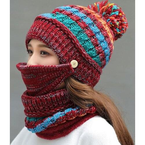 2021 Hat Winter Women Mask Hat For Girls Scarf Thick Warm Fleece Knitted Hat Scarf Set 2Pcs Winter Riding Fashion Hats