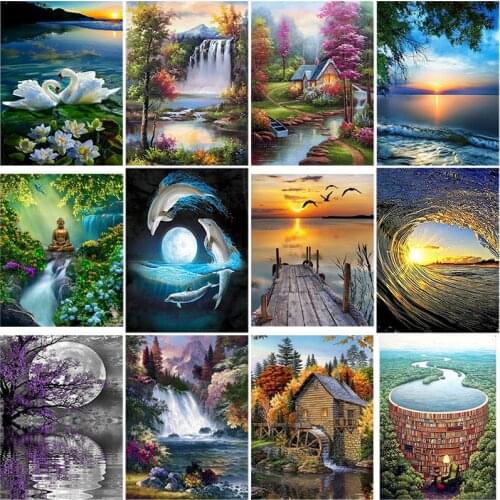 DIY 5D Diamond Painting Waterfall Landscape Diamond Embroidery House Scenery Cross Stitch Rhinestones Mosaic Art Wall Home Decor