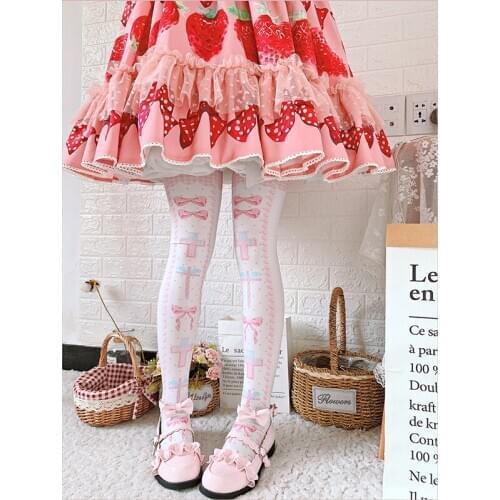 Kawaii Soft Girl Bowtie Printed Over Knee Stocking Velvet Lolita Princess Sweet Harajuku Harajuku Thigh high Socks Spring