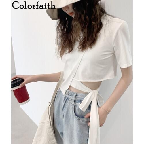 Colorfaith New 2020 Women Spring Summer T-Shirts Bottoming Casual Hem Irregular Lace Up Tops Loose Hollow Out Lady Tunic T3884