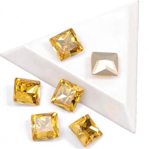 CTPA3bl 8mm 10mm 12mm Glass Crystal Lt. Topaz Color Princess Square Shape Crystal Pointback Rhinestone For Nail Art Decorations