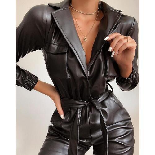 Sexy Tie Waist Faux Leather Jumpsuit Women Winter Autumn Turn Down Collar PU Jumpsuits