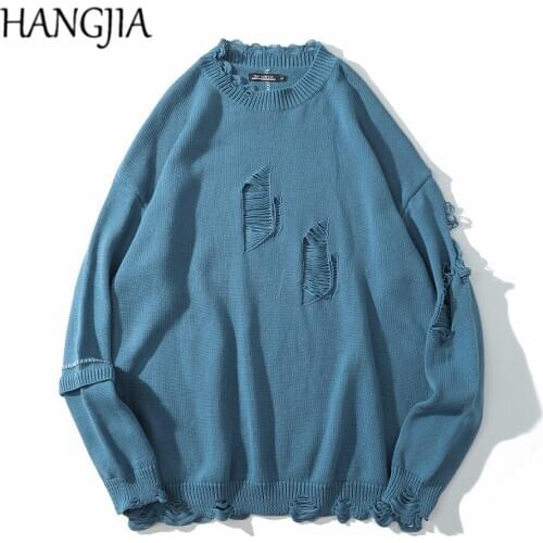 100% Cotton Blue Ripped Sweaters Pullovers Hip Hop Mens Distressed Sweater Autumn Winter Streetwear Loose Casual Jumpers Women