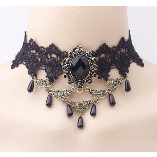 2016 new classic design black lace with gem cab vintage gothic neck choker fashion jewelry