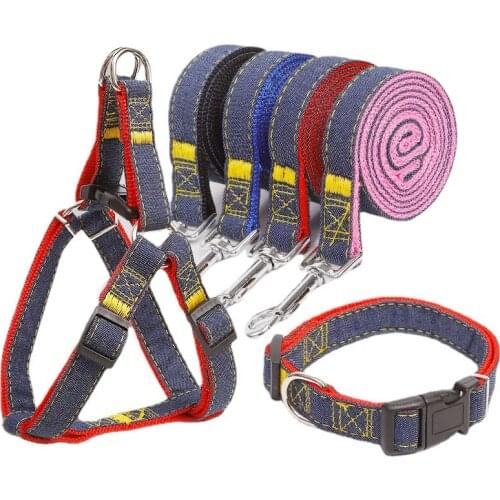 Pet Jean Sewn Leash Classic Dog Leash and Collar Set Adjustable Nylon Harness for Small Medium Lager Dog Denim Lead For Outdoor