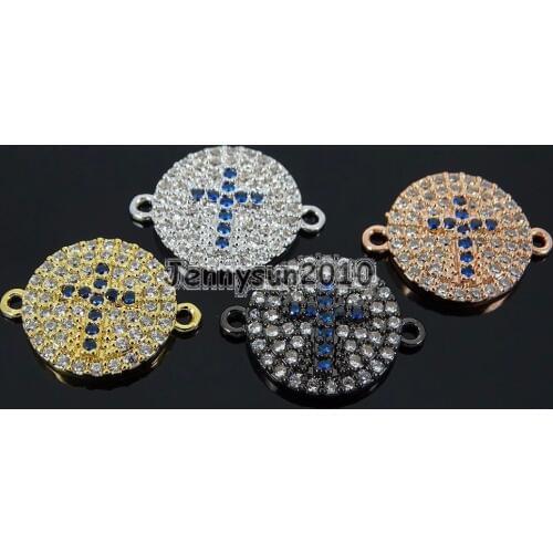 Clear Zircon Gems Stones Pave Round Disk Cross Bracelet Connector Charm Beads Silver Gold Rose Gold Gunmetal 10Pcs/Pack