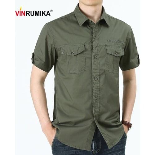 Large Size S-7XL Summer Mens Military Casual Shirts Male 100% Cotton Khaki Loose Short Sleeve Shirt Army Green Black Blue Tops