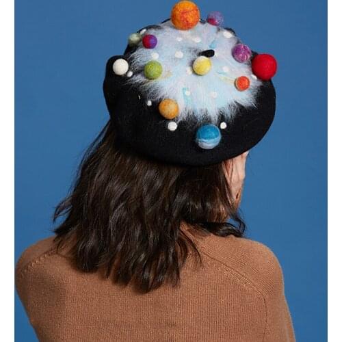Beret Hat Christmas Gift Planet Sky Winter Artist Hats Handmade Wool Felt Creative Pattern Cosplay Fashion Party