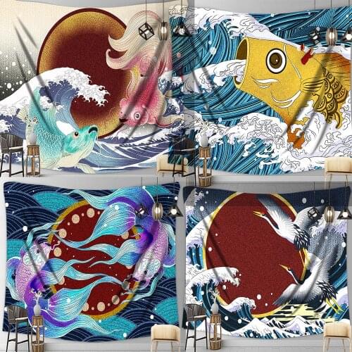Japanese Sea Wave Yamazaki Kanagawa Mount Fuji Goldfish Carp Crane Hanging Trippy Tapestry Wall Decor Bedroom Living Room Dorm
