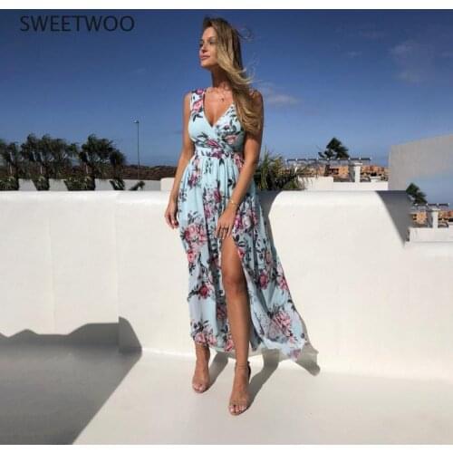 Women Boho Dress Blue Floral Printed Long Maxi Dress Deep V-Neck Summer Beach Evening Party Sundress Sleeveless Dresses Vestidos