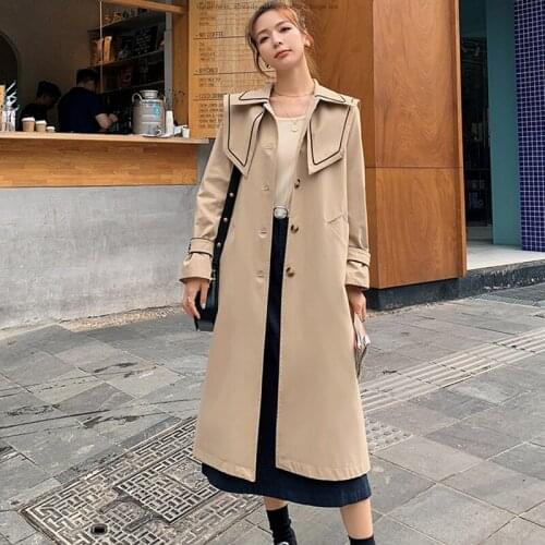 Womens Mid-Length Popular Windbreaker Autumn 2021 New British Style Casual Loose Double-Breasted Solid Color Coat Jacket MMZZ05