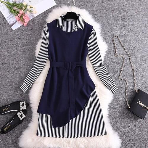 Plus Size Two Piece Set Women 2020 Spring Long Sleeve Striped Shirt Dress And Chiffon Ruffle Vest Women Clothes Ladies Dresses