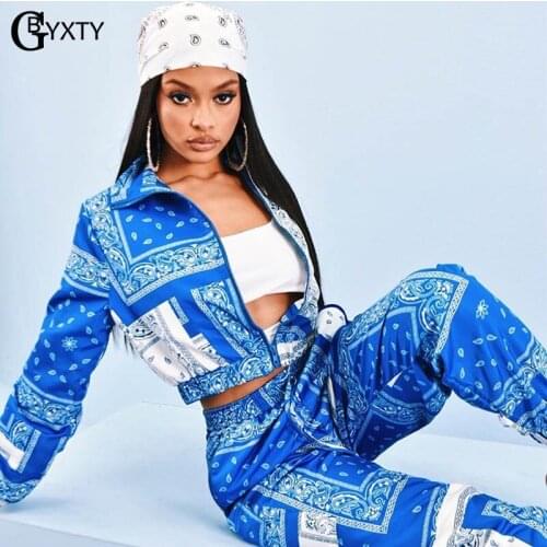GBYXTY Paisley Print Fashion Fitness Bandana Tracksuit Long Sleeve Crop Tops and Pants 2 Piece Set Women Spring Sweatsuit ZL1115