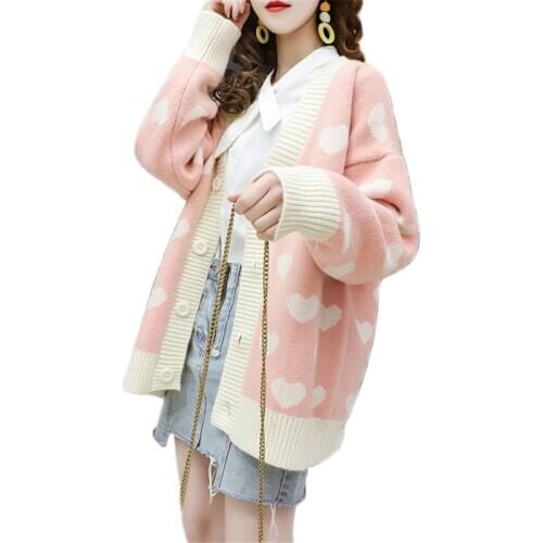 Sweater women pink white heart print loose knitted cardigans 2020 autumn winter new sweet long sleeve sweaters feminina LR830