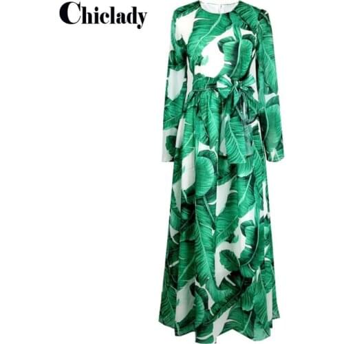 CHICLADY runway celebrity style Plantain floral printed green spring summer maxi dress aesthetic clothes vintage ropa mujer 2XL