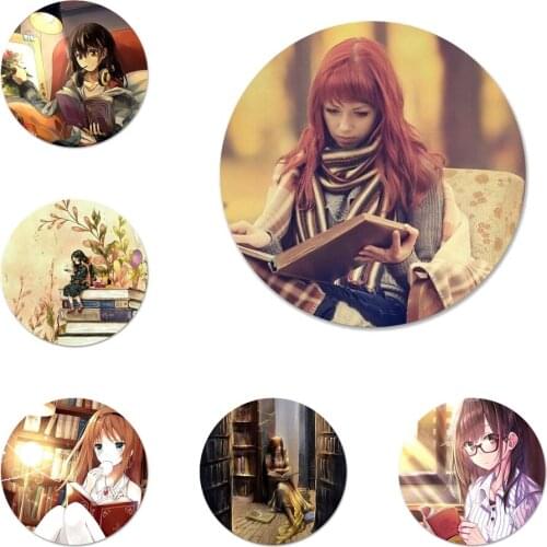 58mm coffee Girl reading book Icons Pins Badge Decoration Brooches Metal Badges For Clothes Backpack Decoration