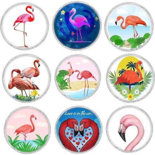 12 Colors Glass Acrylic Flamingo Bird GingerSnaps button Charms With Copper Metal Base Fit 18mm Snap Jewelry Vn-2003