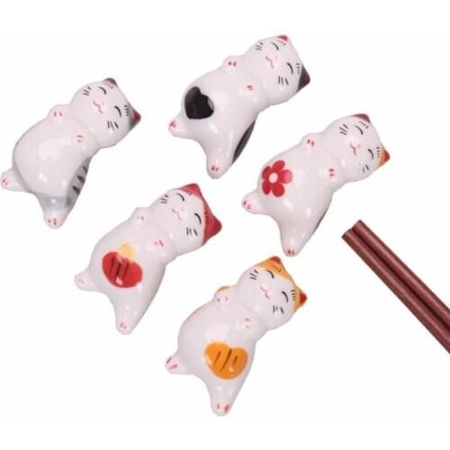 5PCS Novelty Cartoon Lucky Cute Cat Ceramic Chopsticks Crafts Small Ornaments Creative Gifts Kitchen Accesseries