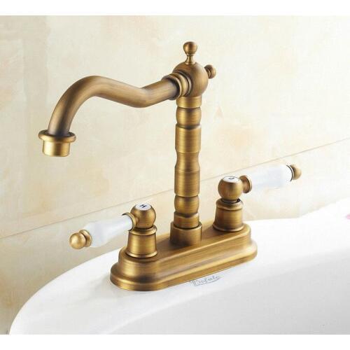 Antique Brass 4" Centerset Kitchen Bathroom Two Holes Basin Faucet Sink Tap Dual Ceramics Handles Swivel Spout anf324