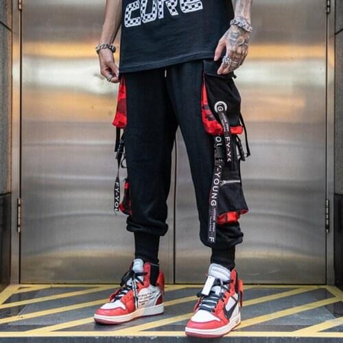 Letter Ribbons Casual Hip Hop Joggers Cargo Pants Men Block Hit Color Pocket Track Pants Male Trousers Sweatpants Stree DG063