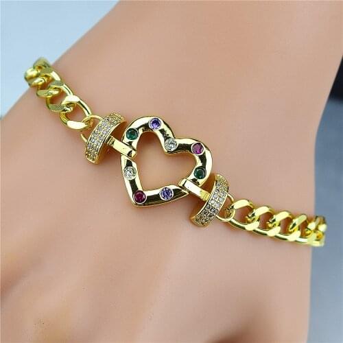 Hot sale mens and womens color-preserving copper heart-shaped bracelet jewelry gifts micro-inlaid zircon love Cuban bracelet