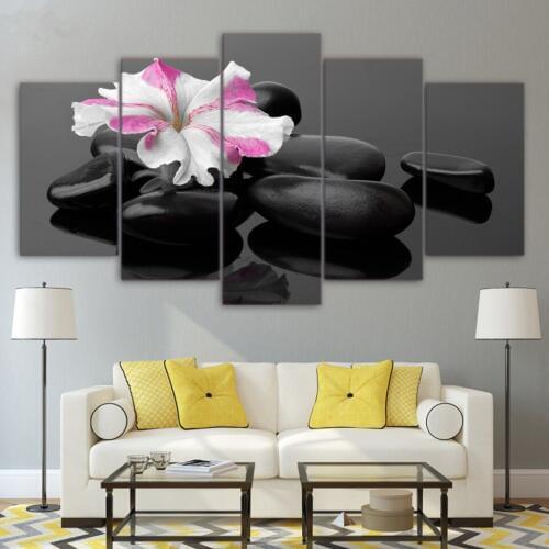 Framed Canvas Wall Art Poster Modular HD Prints Pictures 5 Pieces Spa Stones And Flower Paintings For Living Room Home