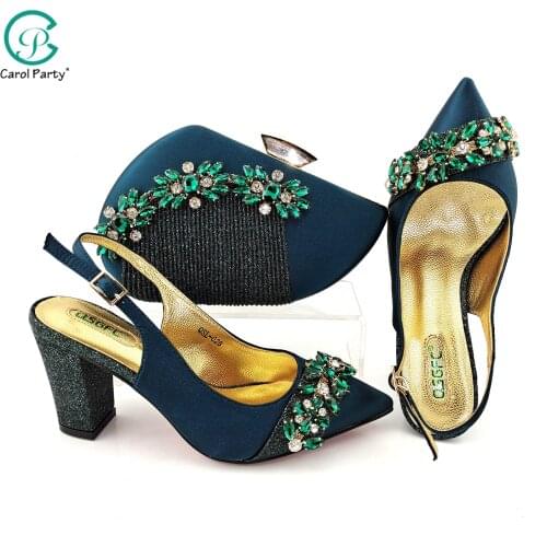 Italian Design 2021 New Arrival Nigerian Fashion Avocado Color Women Shoes and Bag Set With Special Colorful Crystal Decoration
