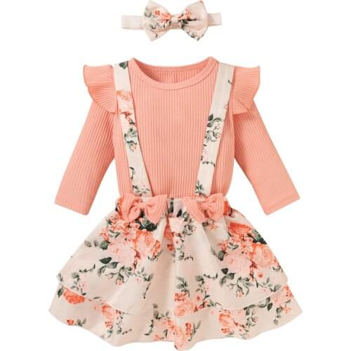 Girls Two-piece Clothes Set Fly Sleeves Tshirts Floral Printed Pattern Suspender Skirt Childrens set