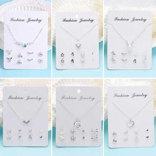 9 Pcs/Set 6 Styles Fashion Jewelry Set Peach Heart Moon Crystal Pearl Necklace Star Flower Geometric Stud Earrings Set Women