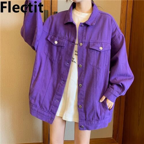 Flectit Street Style Women Denim Jacket Ultra Violet Oversize Topstitched Jeans Jacket Purple Chic Outerwear & Coats