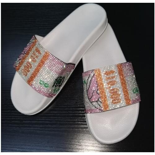Summer Womens Dollar Rhinestone Slippers Ladies Indoor Non-Slip Slides Female Outdoor Bling Shiny Sandals Soft Flat Flip Flops