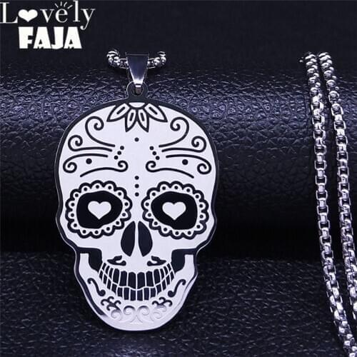 2021 Fashion Mexican Skeleton Stainless Steel Chain Necklace Women Black Silver Color Necklaces Jewelry cadenas mujer N1261S03