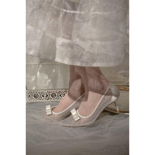 Summer new bowknot flashing diamond mesh pointed stiletto high heel bridal wedding shoes banquet dress womens single shoes
