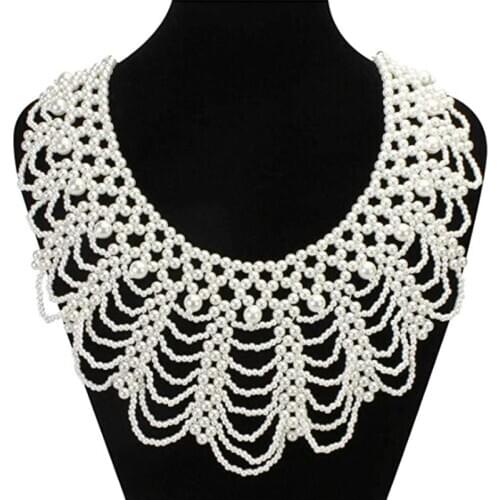 Women Pearl Beaded Bib Choker Necklace Flower Petal Jewelry Fake Collar Dicky