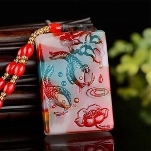 Chinese Natural Colour Jade Carp Lotus Pendant Necklace Hand-carved Charm Jadeite Jewelry Fashion Gifts for Women Men