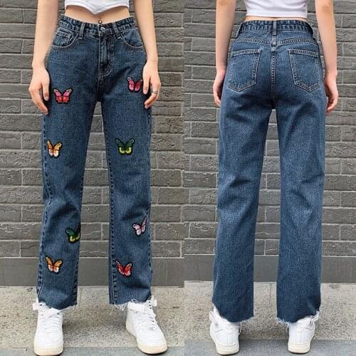 Kili Butterfly Pattern Straight Denim Pants Women Fashion Preppy Style High Waist Trousers Casual Streetwear Outfits