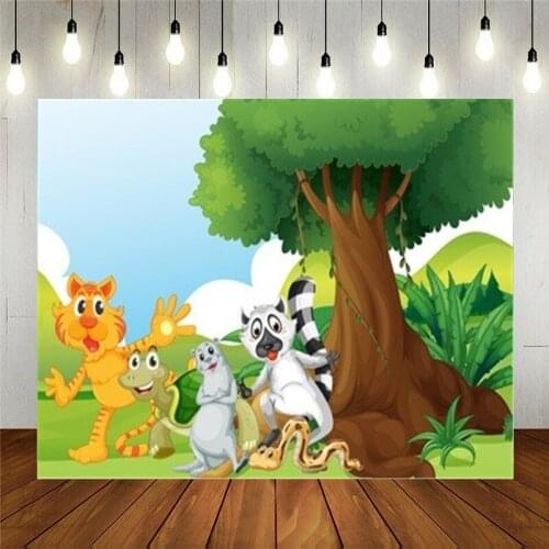 Photo Studio Props Photography Backdrop Wild Animals Standing Under The Tree Cartoon Vinyl Background Kids Birthday Decoration