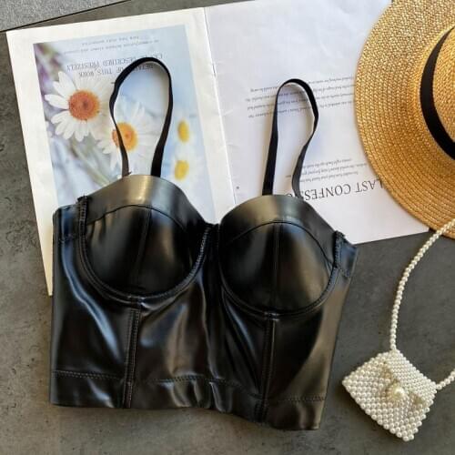 Sexy Club Outerwear Bra Top Women Unique Tube Top Trendy PU Leather Patchwork Short Design Bra Top TN1219