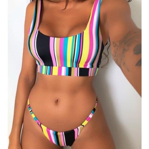 Sexy Women Bikini Set Color Stripe Two Piece Swimsuit Summer Thong Bottoms Bathing Suit Push Up Swimwear Female Beachwear