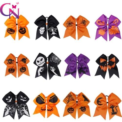 7" Halloween Funny Cheer Bow For Kids Glitter Pumpkin Printed Grosgrain Headwear Elastic Hair Rope Girls Party Hair Accessories