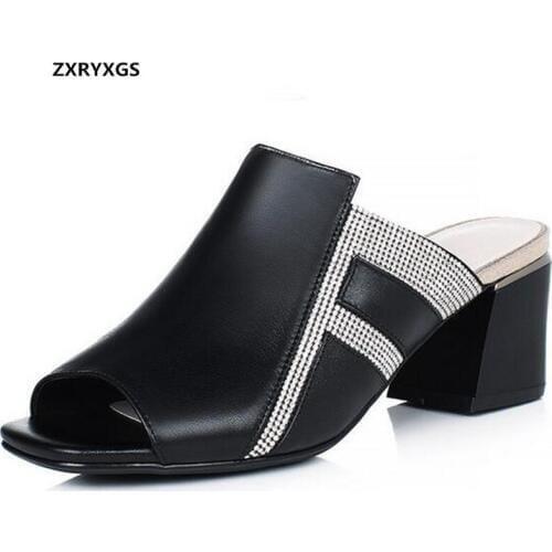 2020 New Fish Mouth Summer Women Slippers Rhinestones Genuine Leather Sandals Comfort High Heel Shoes Fashion Slippers Sandals