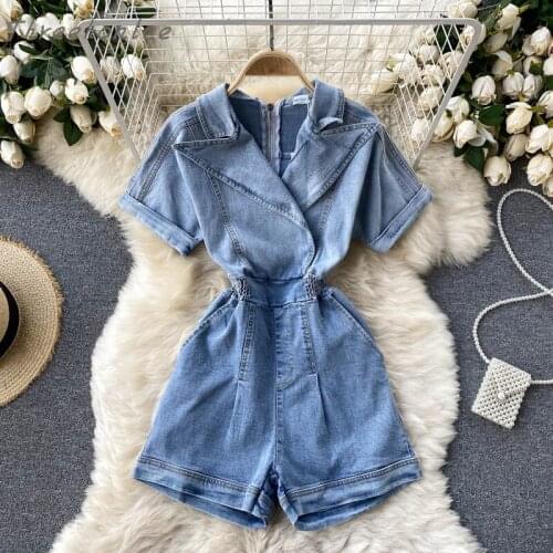 Fashion Denim Playsuits Women Short Sleeve Notched Collar High Elastic Waist Wide Leg Denim Shorts Jumpsuits Vintage Clothing